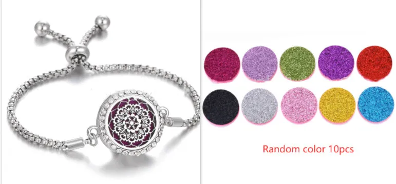 Hollow stainless steel adjustable aromatherapy bracelet with 20mm box diameter and electroplated alloy finish on white background