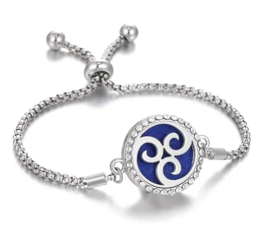 Hollow stainless steel adjustable aromatherapy bracelet with 20mm box diameter and electroplated alloy finish on white background