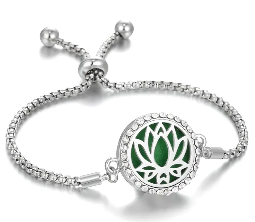 Hollow stainless steel adjustable aromatherapy bracelet with 20mm box diameter and electroplated alloy finish on white background