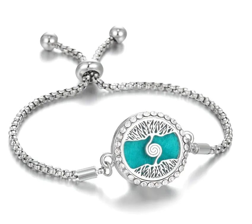 Hollow stainless steel adjustable aromatherapy bracelet with 20mm box diameter and electroplated alloy finish on white background