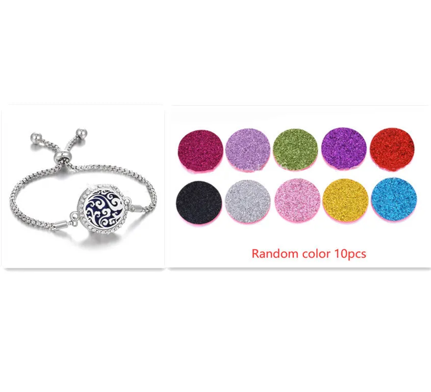 Hollow stainless steel adjustable aromatherapy bracelet with 20mm box diameter and electroplated alloy finish on white background