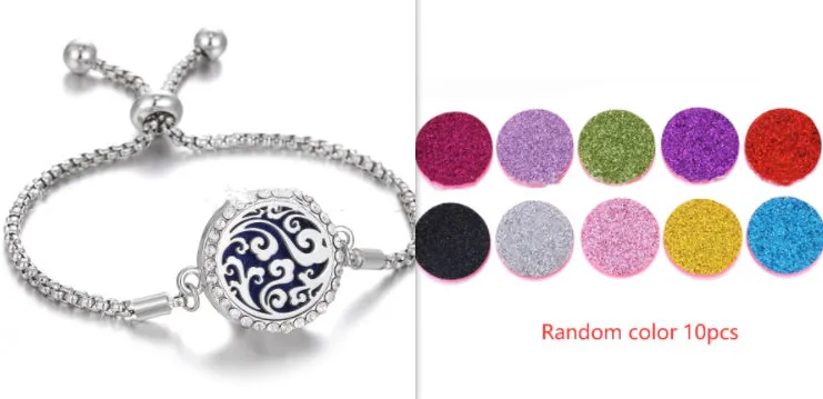 Hollow stainless steel adjustable aromatherapy bracelet with 20mm box diameter and electroplated alloy finish on white background