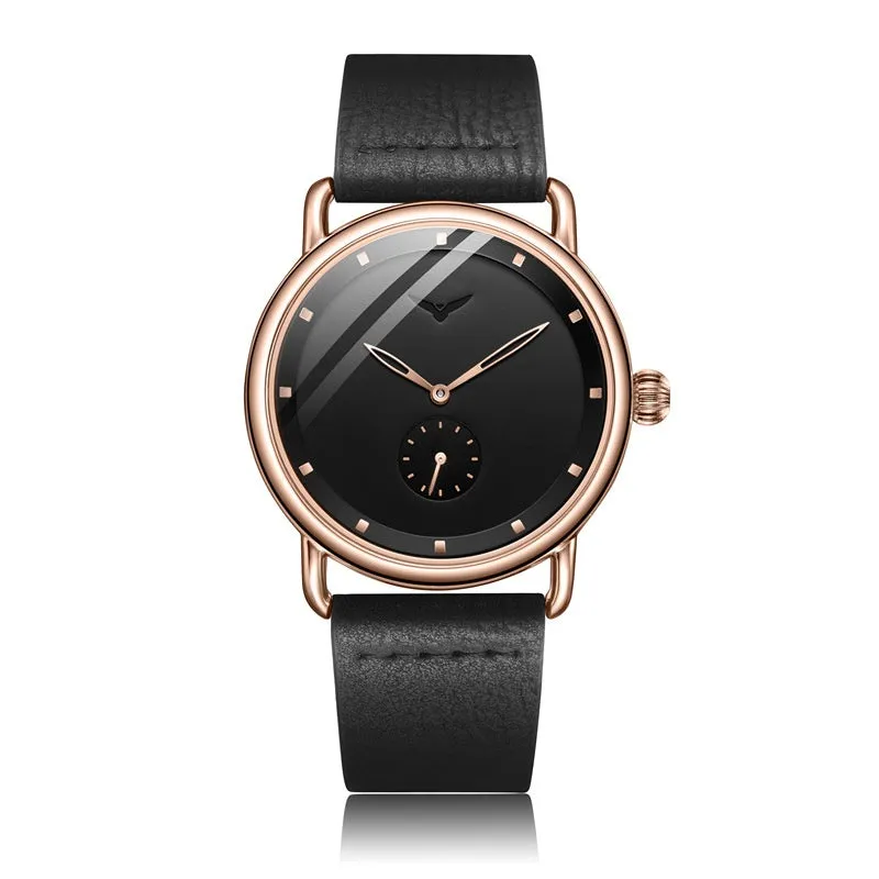 Men's quartz wristwatch 41mm stainless steel case black leather face Hardlex crystal