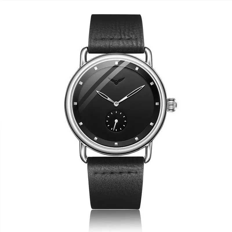 Men's quartz wristwatch 41mm stainless steel case black leather face Hardlex crystal