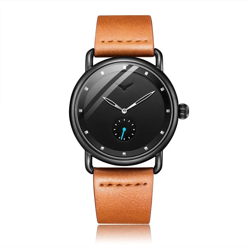 Men's quartz wristwatch 41mm stainless steel case black leather face Hardlex crystal