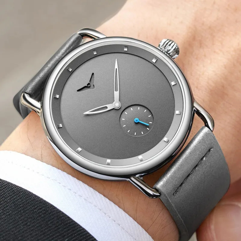 Men's quartz wristwatch 41mm stainless steel case black leather face Hardlex crystal
