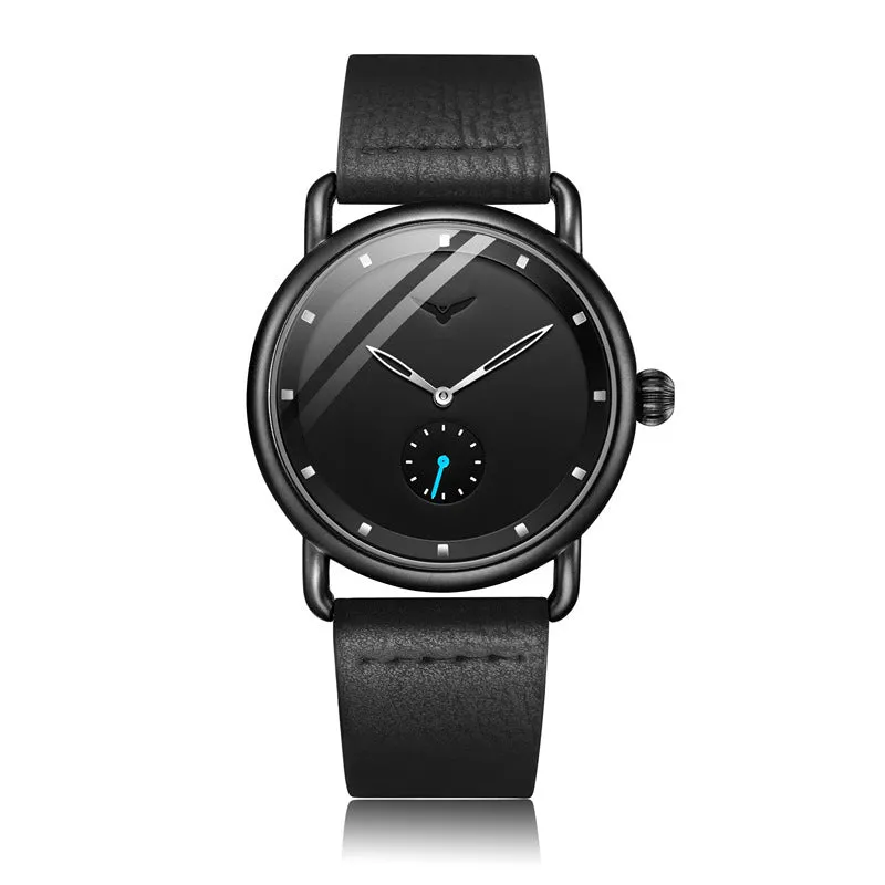 Men's quartz wristwatch 41mm stainless steel case black leather face Hardlex crystal
