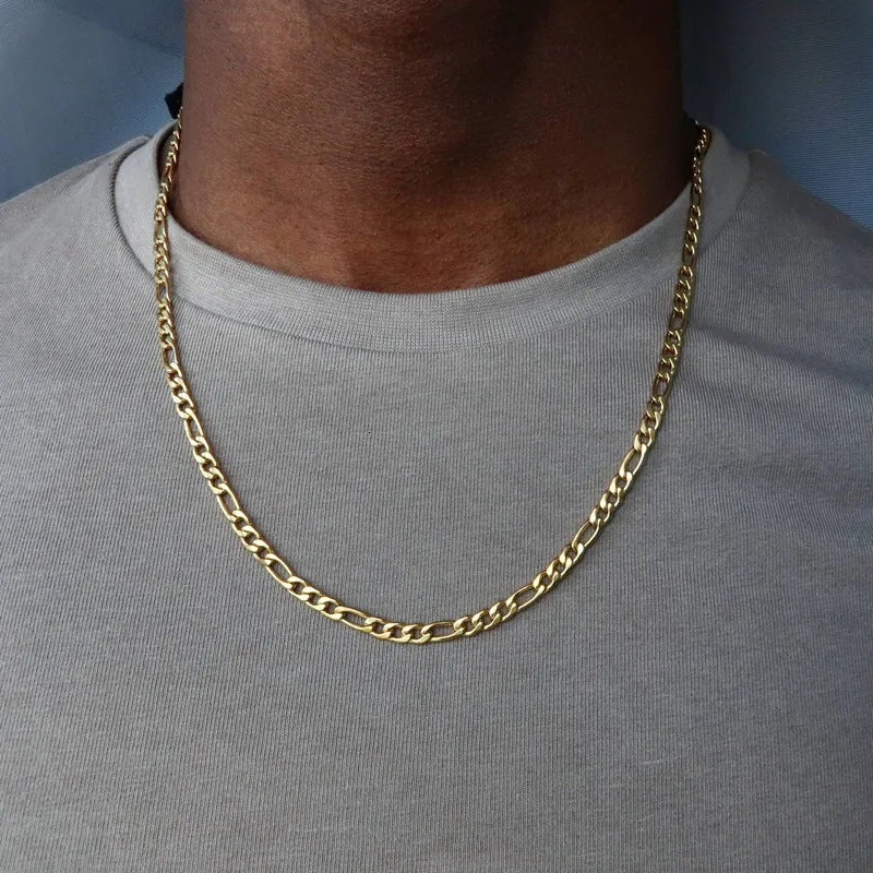 Men's alloy geometric necklace in gold finish, 50cm length, on a flat surface