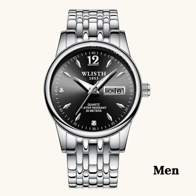 WLISTH women rose gold stainless steel dress watch with 25mm case, luminous hands, and week date display on a light background
