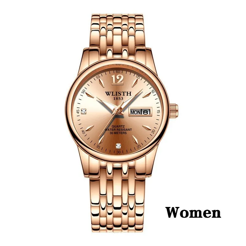 WLISTH women rose gold stainless steel dress watch with 25mm case, luminous hands, and week date display on a light background