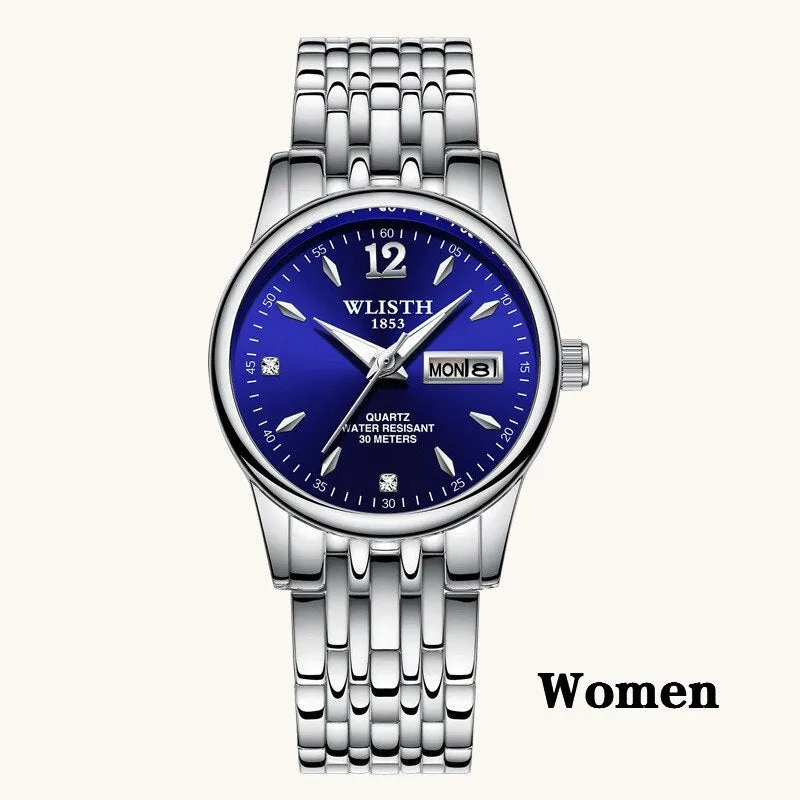 WLISTH women rose gold stainless steel dress watch with 25mm case, luminous hands, and week date display on a light background
