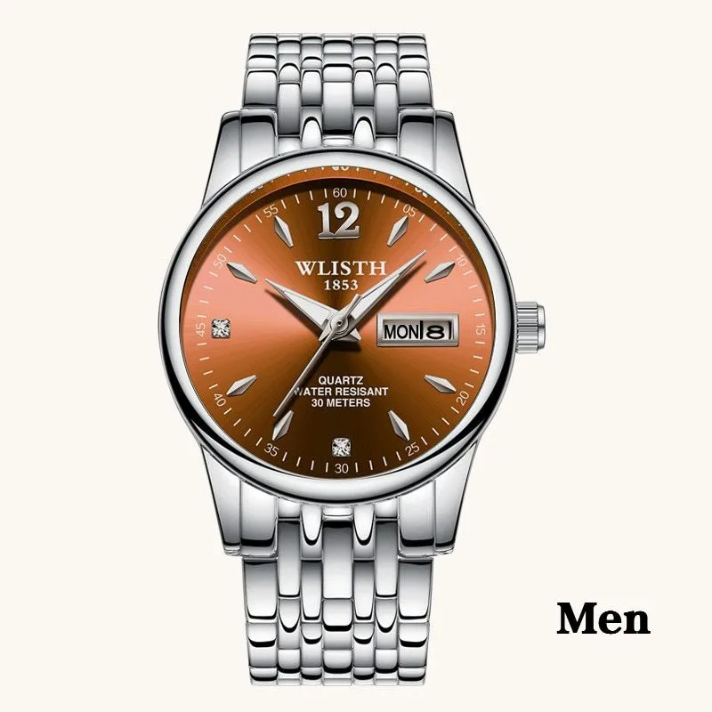 WLISTH women rose gold stainless steel dress watch with 25mm case, luminous hands, and week date display on a light background