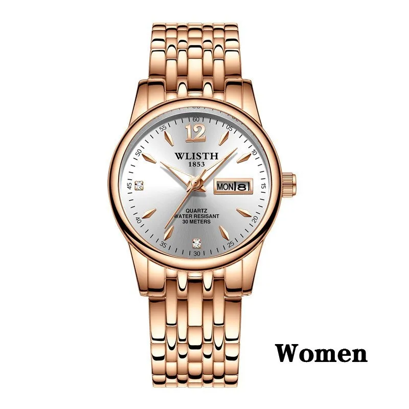 WLISTH women rose gold stainless steel dress watch with 25mm case, luminous hands, and week date display on a light background