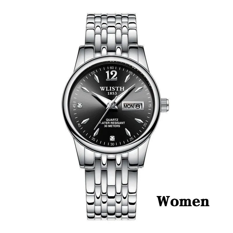 WLISTH women rose gold stainless steel dress watch with 25mm case, luminous hands, and week date display on a light background