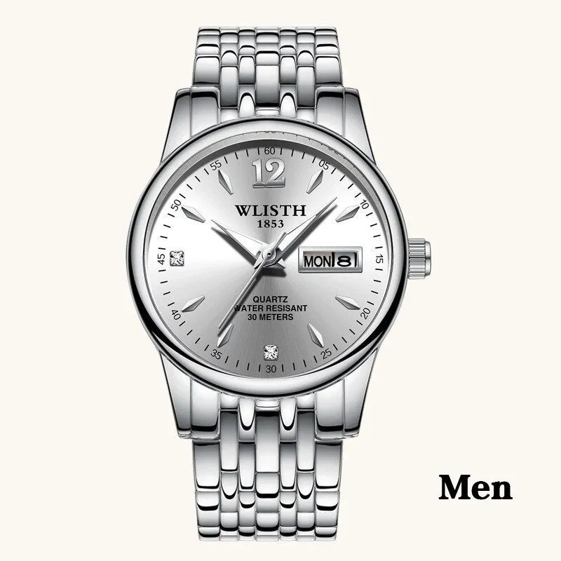 WLISTH women rose gold stainless steel dress watch with 25mm case, luminous hands, and week date display on a light background