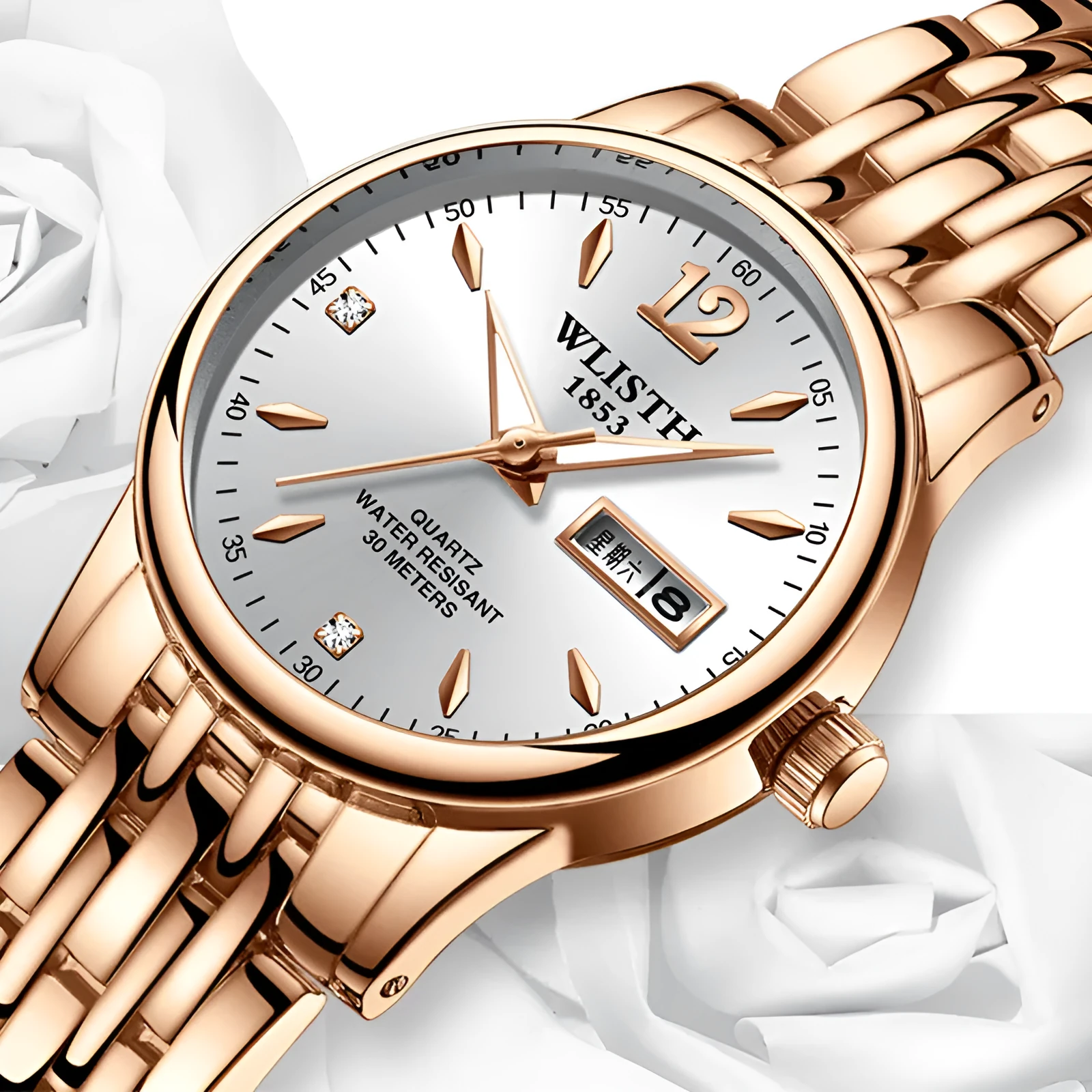 WLISTH women rose gold stainless steel dress watch with 25mm case, luminous hands, and week date display on a light background