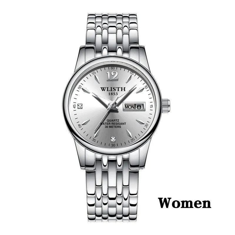 WLISTH women rose gold stainless steel dress watch with 25mm case, luminous hands, and week date display on a light background