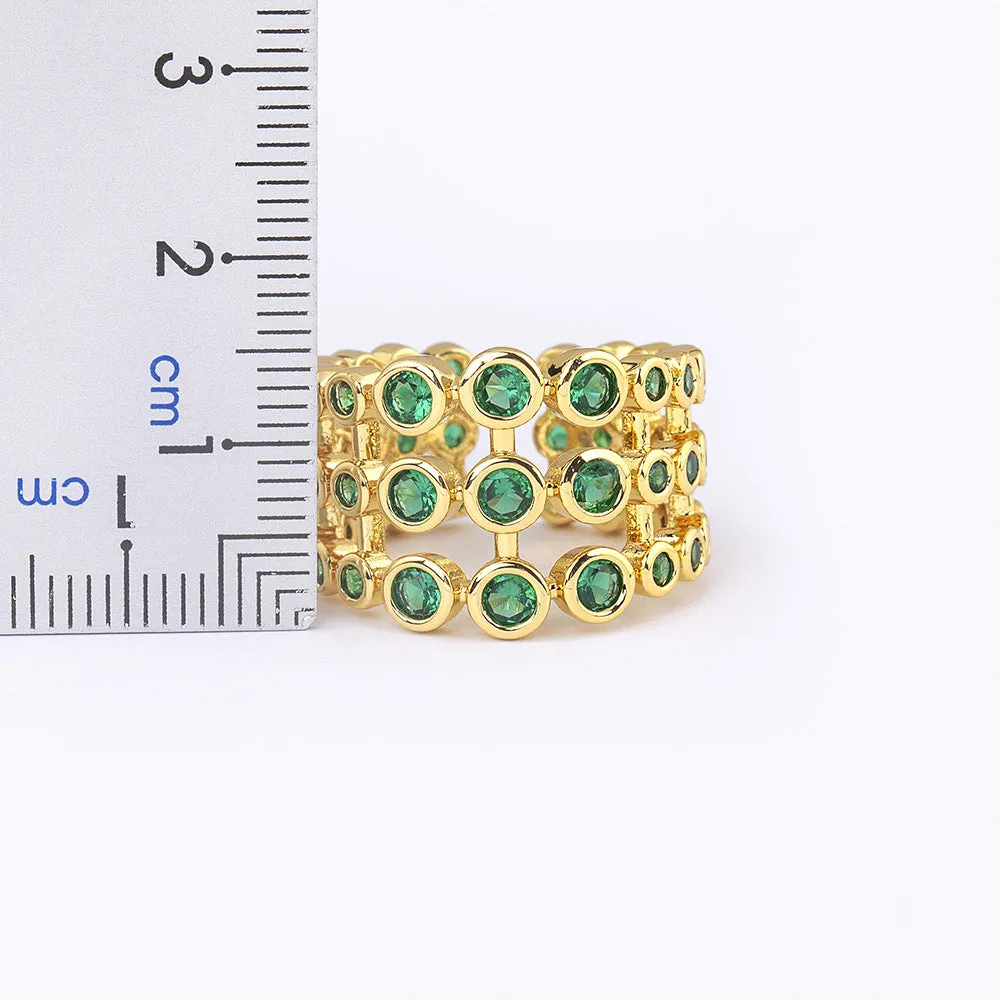 Wide band gold ring with three-layer green zircon stone setting on copper base