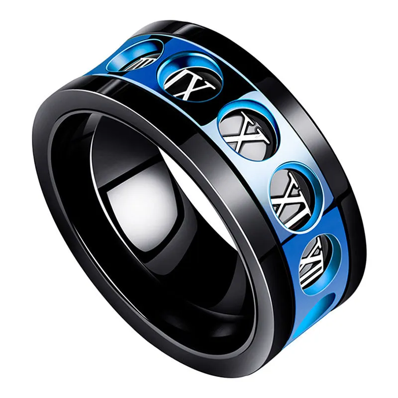 Men's titanium steel hip hop simplicity ring blue rose gold electroplated polished Korean style size 07-11
