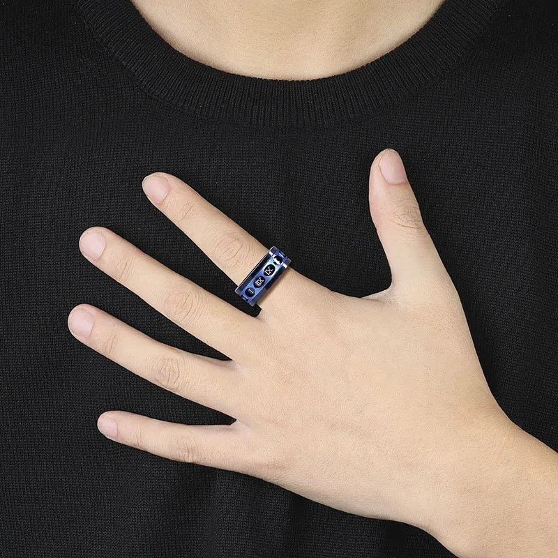 Men's titanium steel hip hop simplicity ring blue rose gold electroplated polished Korean style size 07-11