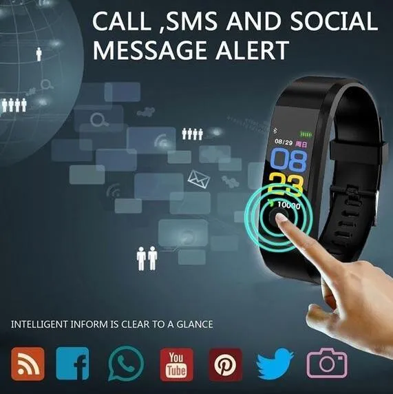 ID115Plus smart bracelet with OLED touch screen and heart rate monitor in black colour