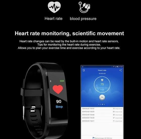 ID115Plus smart bracelet with OLED touch screen and heart rate monitor in black colour