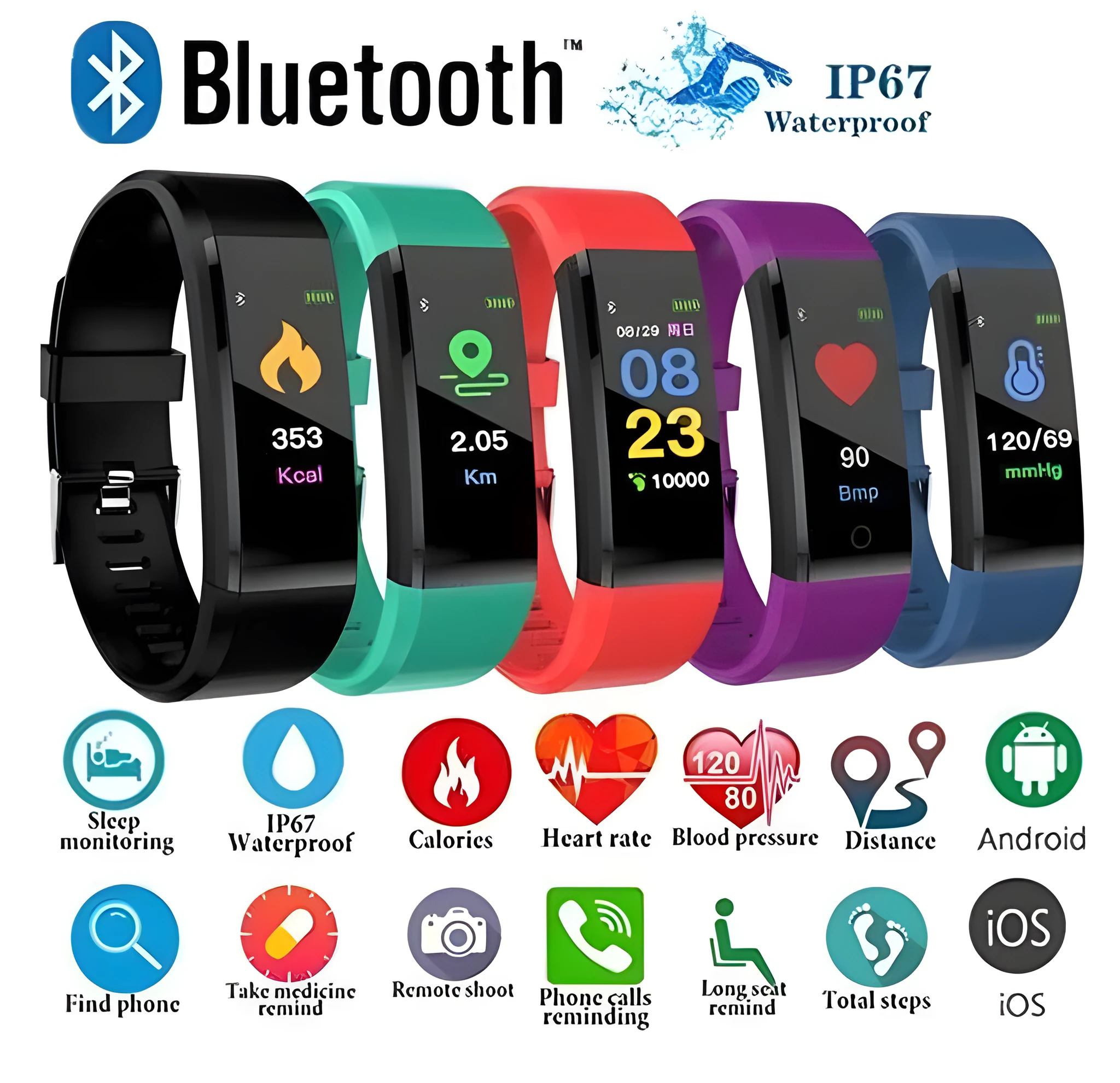 ID115Plus smart bracelet with OLED touch screen and heart rate monitor in black colour