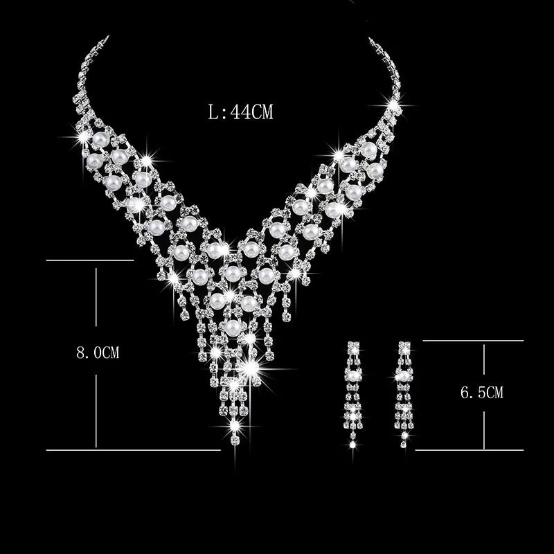 Fashion OL bridal jewellery set with claw chain pearl rhinestone necklace and drop earrings on polished alloy metal