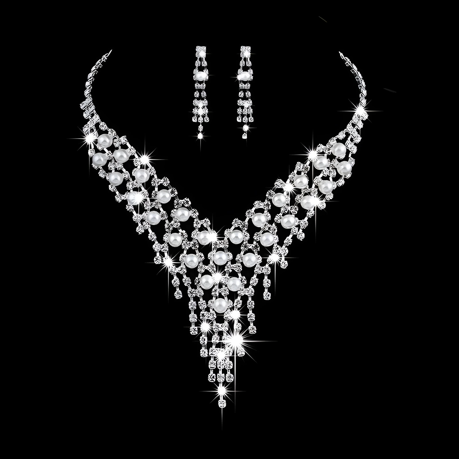 Fashion OL bridal jewellery set with claw chain pearl rhinestone necklace and drop earrings on polished alloy metal