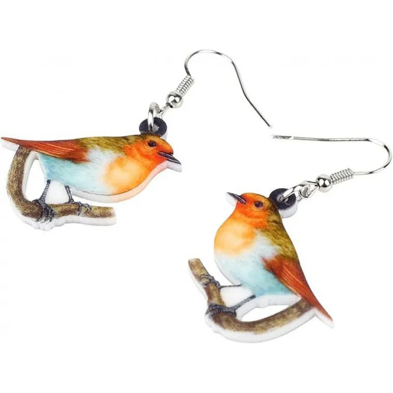 Blue titmouse and geometric snake design on lightweight acrylic drop earrings