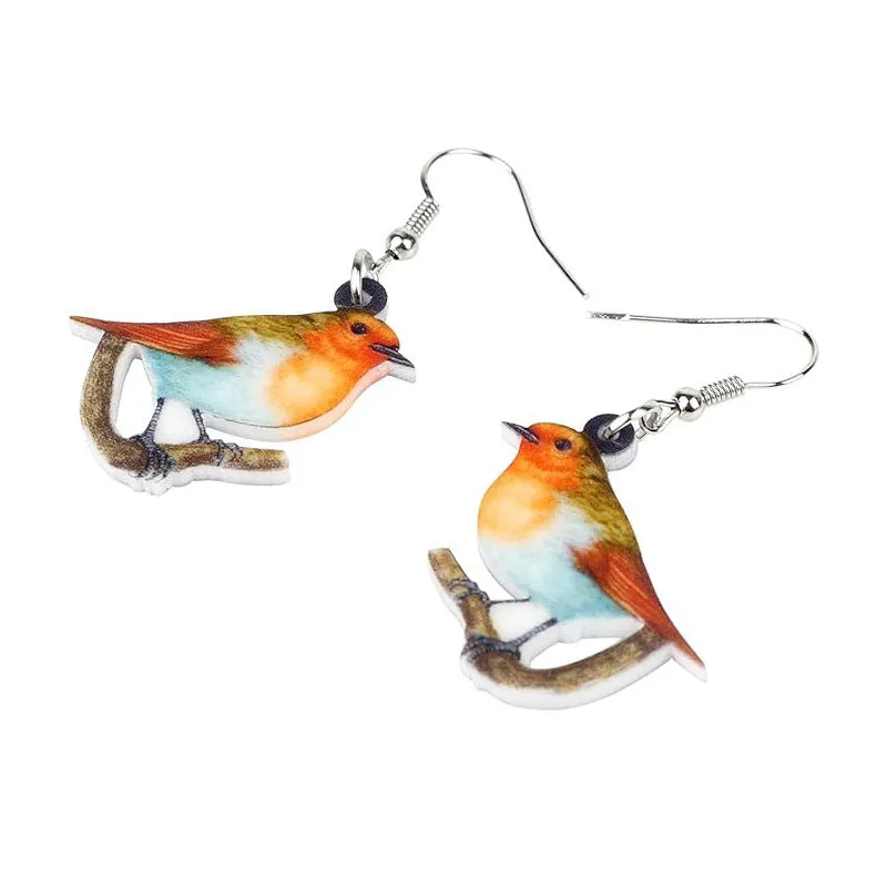 Blue titmouse and geometric snake design on lightweight acrylic drop earrings