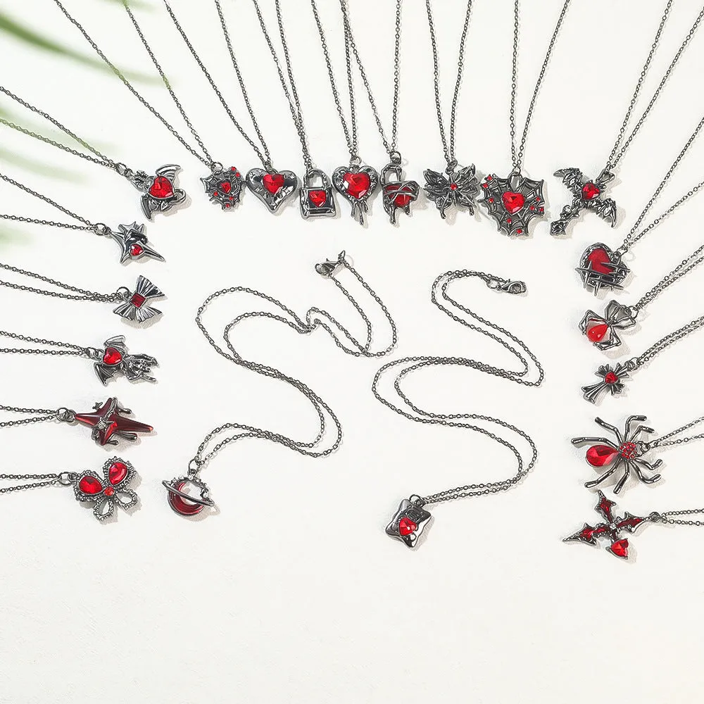 Gothic zinc alloy necklace with electroplated bat and spider pendant designs for Halloween.