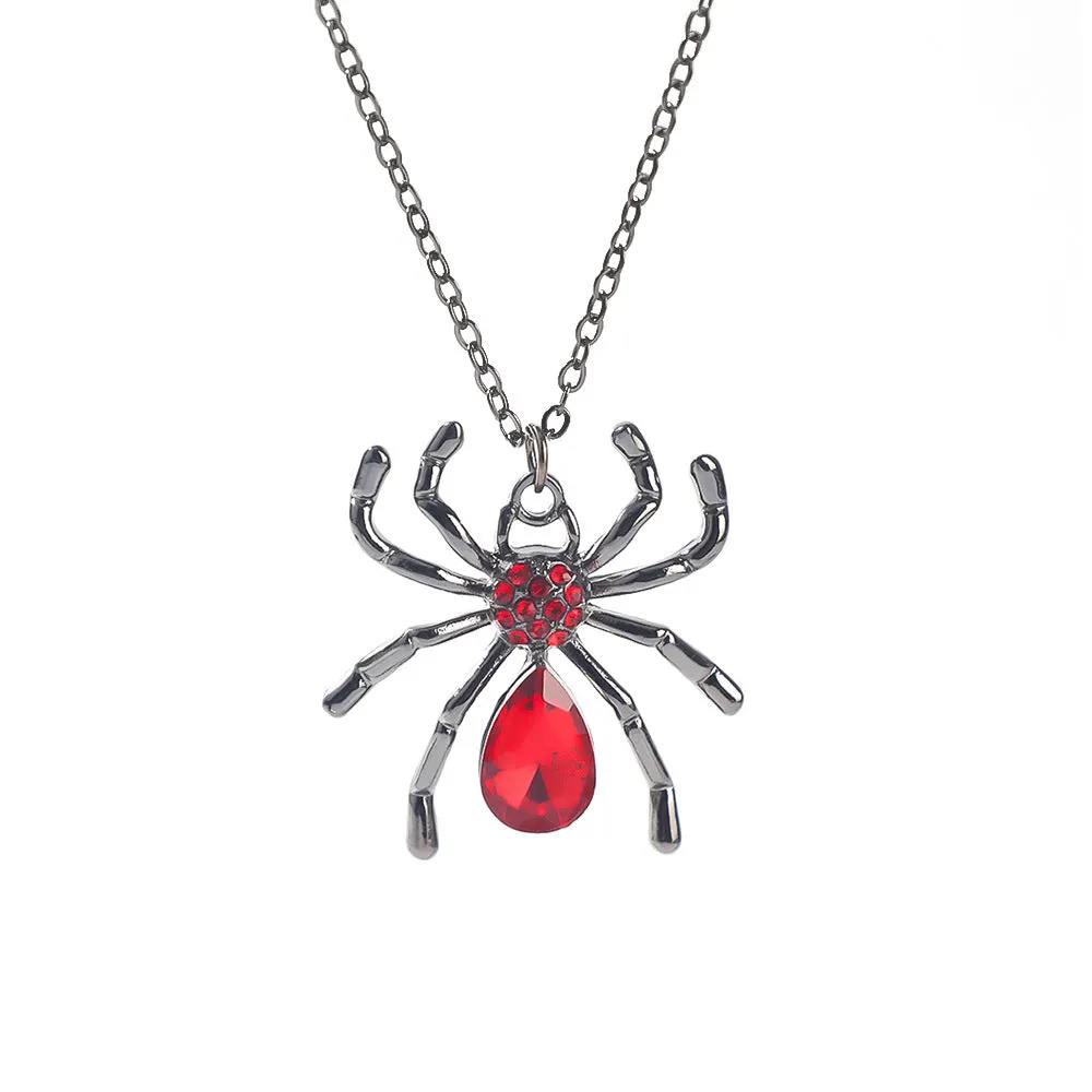 Gothic zinc alloy necklace with electroplated bat and spider pendant designs for Halloween.
