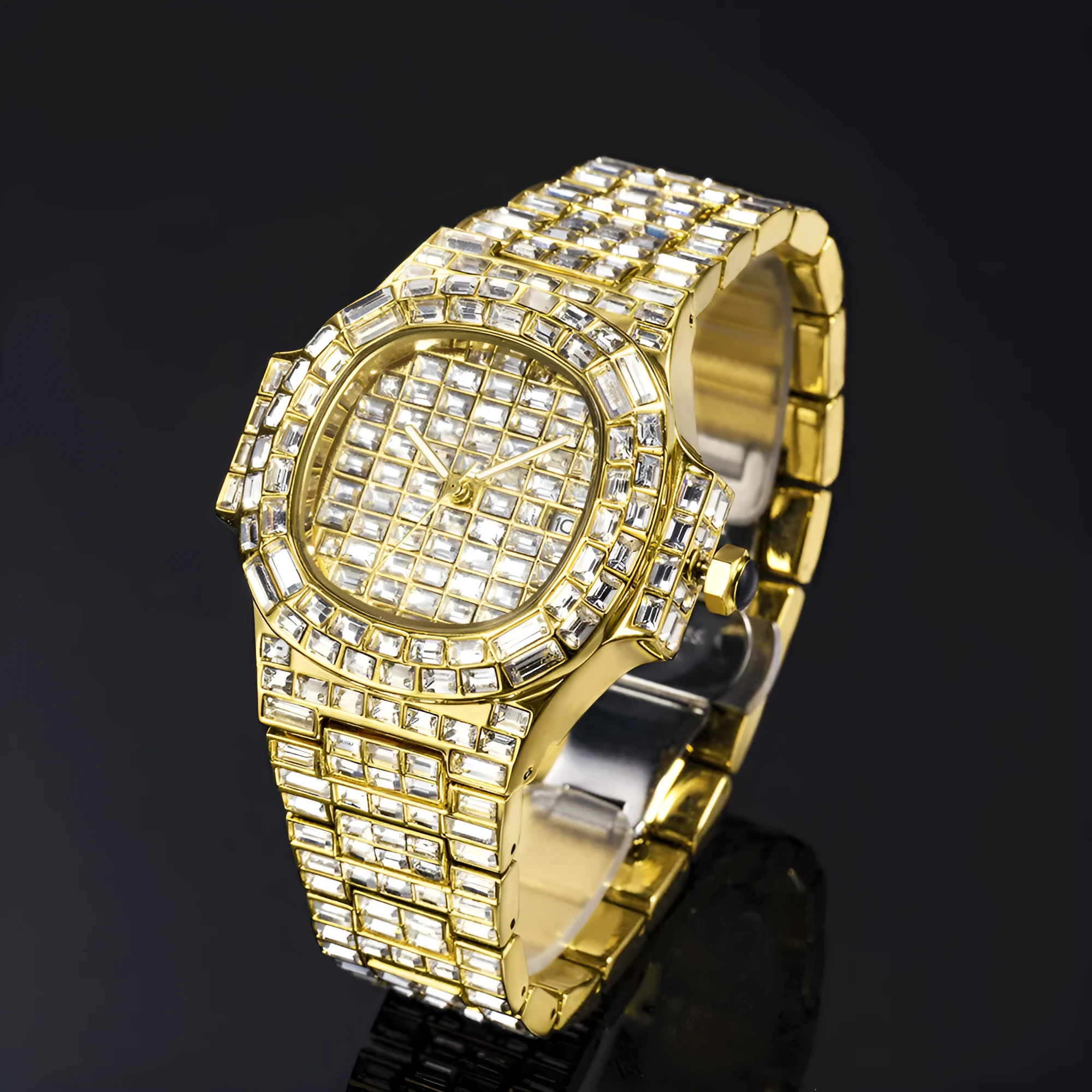 Gold full drill square waterproof calendar quartz watch for men on a light background