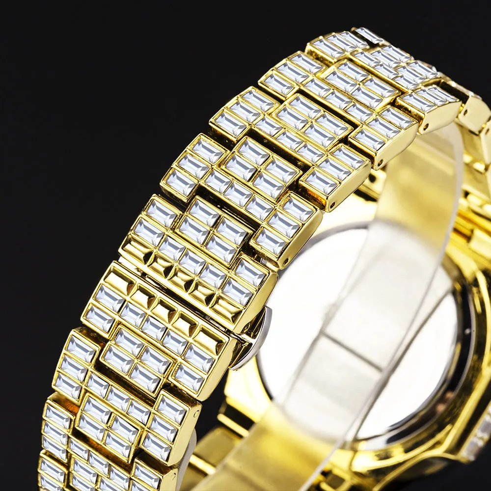 Gold full drill square waterproof calendar quartz watch for men on a light background