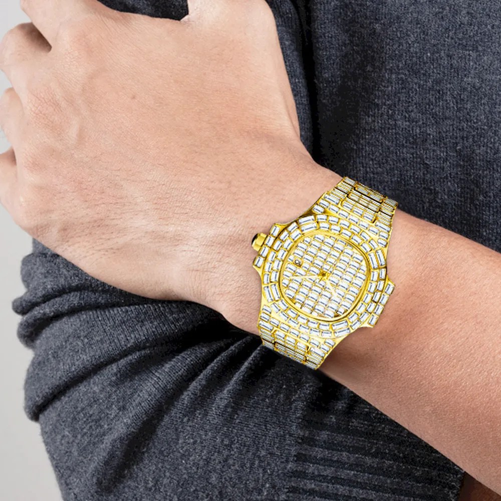 Gold full drill square waterproof calendar quartz watch for men on a light background