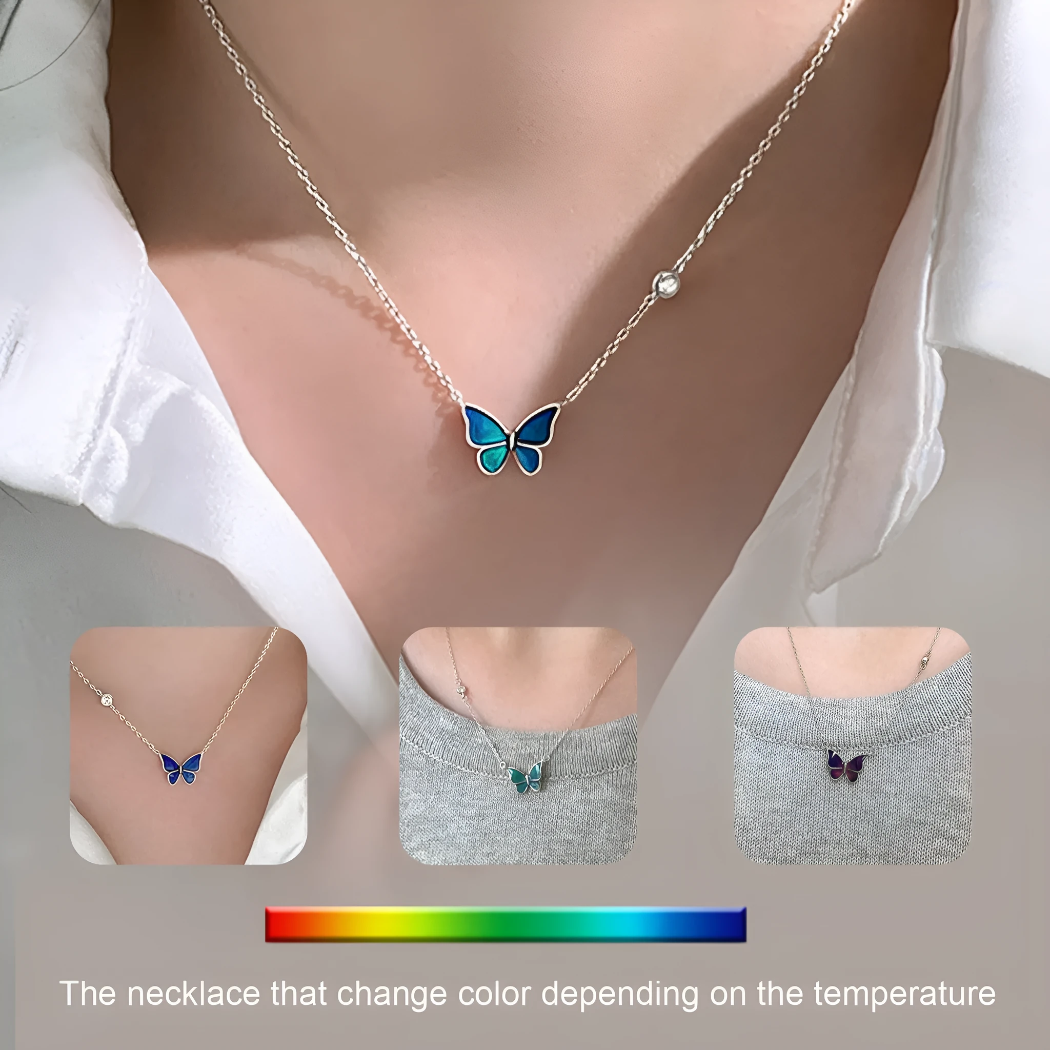 S925 silver butterfly necklace with white silver colour-change pendant on display