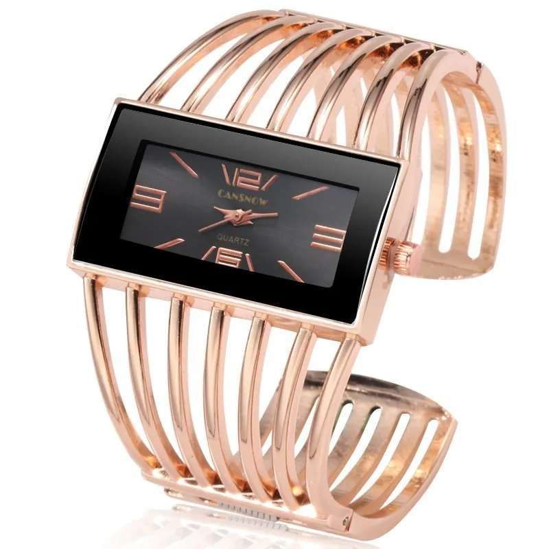 CANSNOW women's rose gold bangle bracelet watch with round white dial and quartz movement