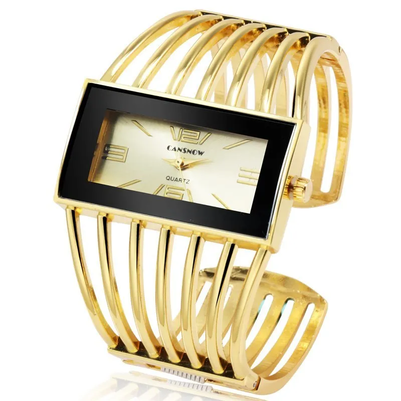 CANSNOW women's rose gold bangle bracelet watch with round white dial and quartz movement