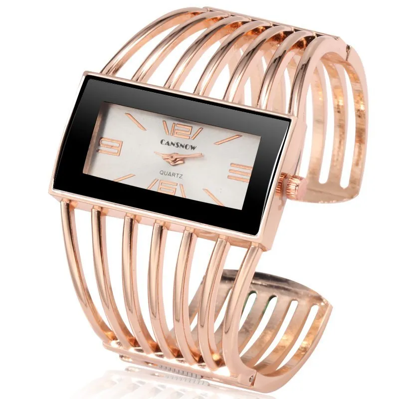 CANSNOW women's rose gold bangle bracelet watch with round white dial and quartz movement