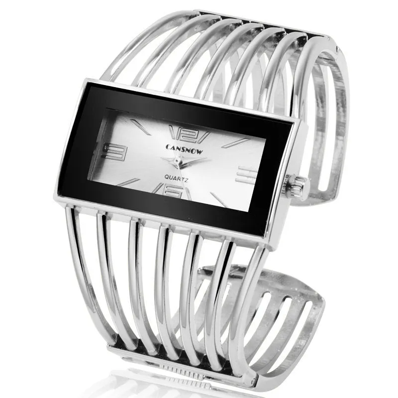 CANSNOW women's rose gold bangle bracelet watch with round white dial and quartz movement
