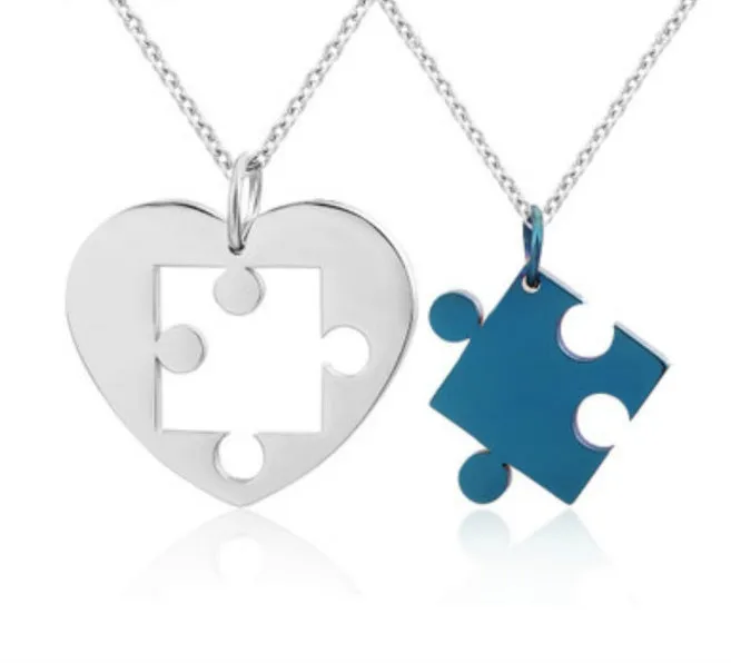 Stainless steel love pendant necklace couple puzzle heart 52mm in silver colour gloss finish