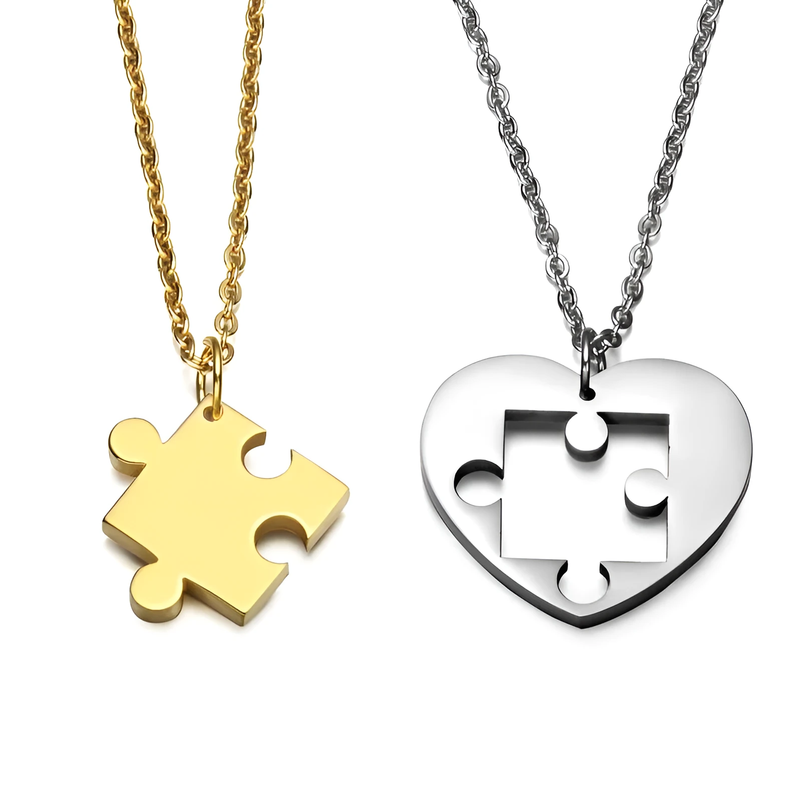 Stainless steel love pendant necklace couple puzzle heart 52mm in silver colour gloss finish