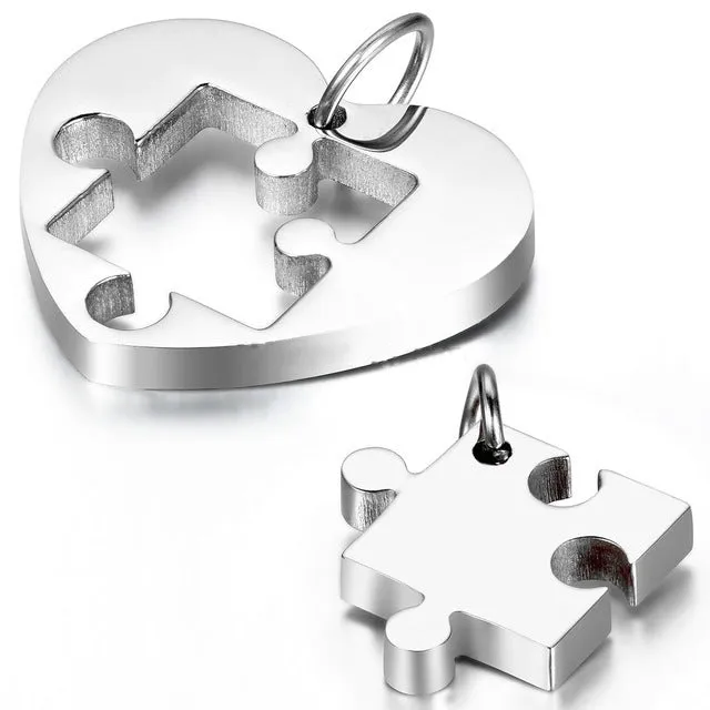 Stainless steel love pendant necklace couple puzzle heart 52mm in silver colour gloss finish