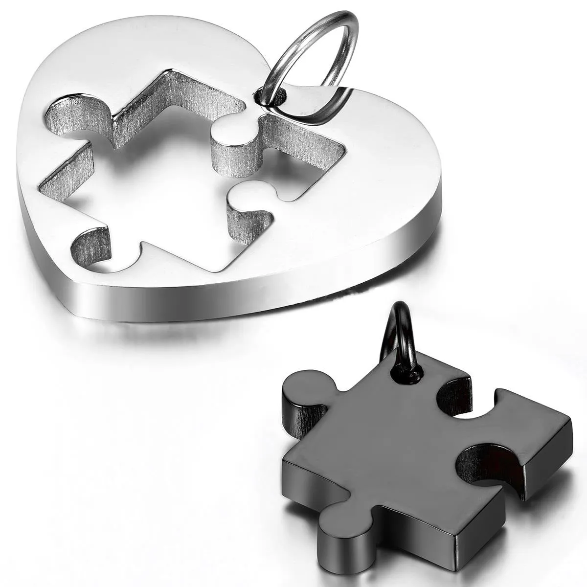 Stainless steel love pendant necklace couple puzzle heart 52mm in silver colour gloss finish