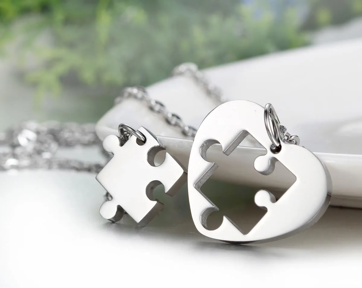 Stainless steel love pendant necklace couple puzzle heart 52mm in silver colour gloss finish