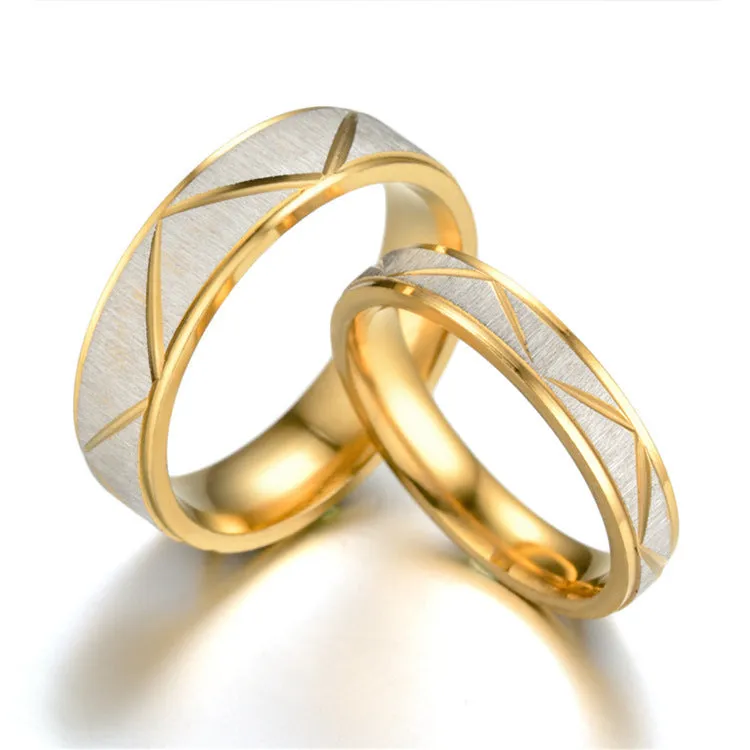 24K gold plated stainless steel couple ring with hand-polished finish in 6mm face width