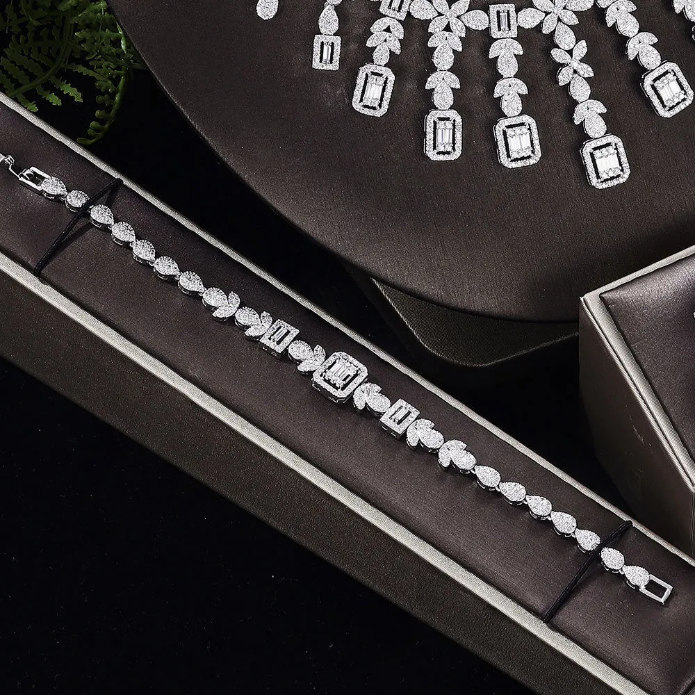White zircon copper jewellery set with necklace, earrings, bracelet, and ring for women