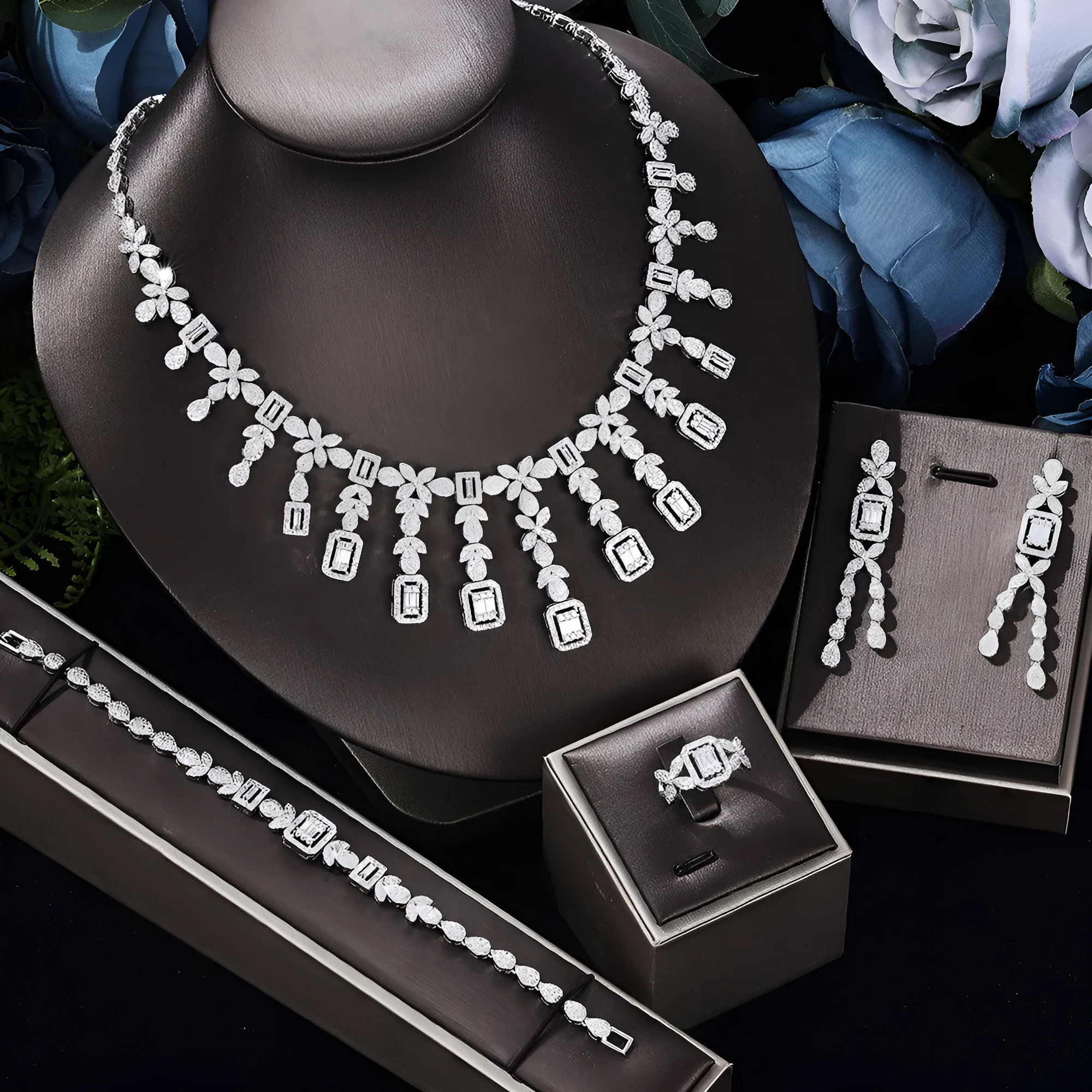 White zircon copper jewellery set with necklace, earrings, bracelet, and ring for women