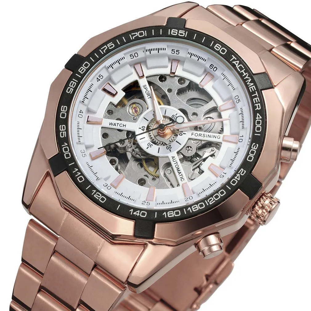 Men's automatic mechanical watch with round 40.5mm alloy case and pointer display on a light background